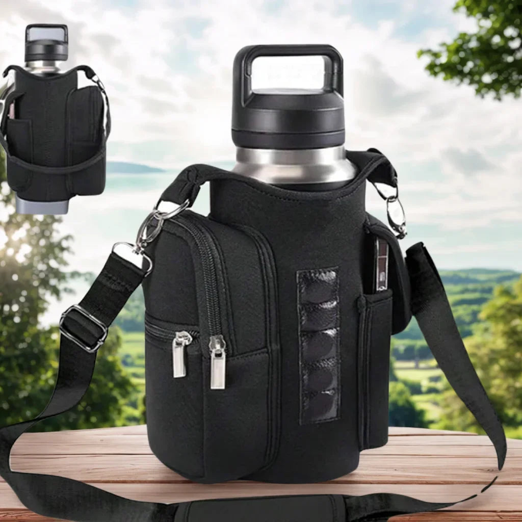 MagGrip magnetic bottle holder with phone pocket and shoulder strap